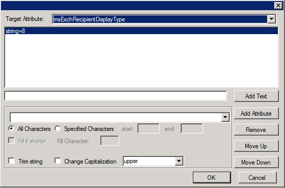 image of the msExchRecipientDisplayType on the Provision Attributes tab