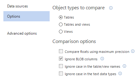 Project options tab - Specifying comparison and synchronization options