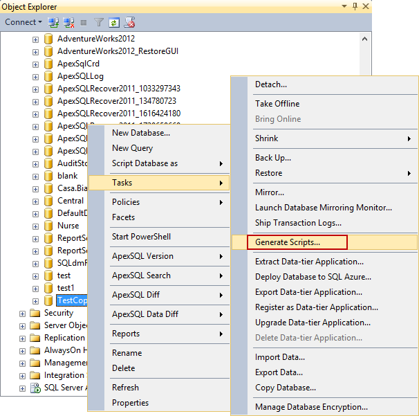 SSMS Object Explorer - Generate Scripts command