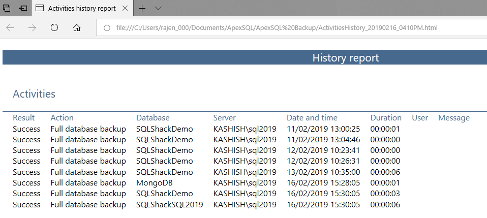 SQL Server database backup information to HTML report