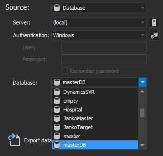 Source data type and details for remote database synchronization