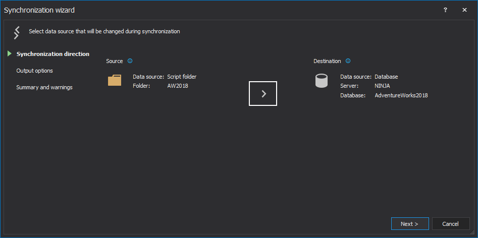 Synchronization direction step which indicates that synchronization will be done from a shared SQL script folder to a developer database