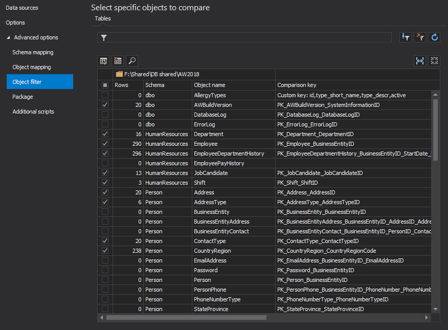 The Object filter tab can narrow down objects and data that will be included in the comparison and synchronization process