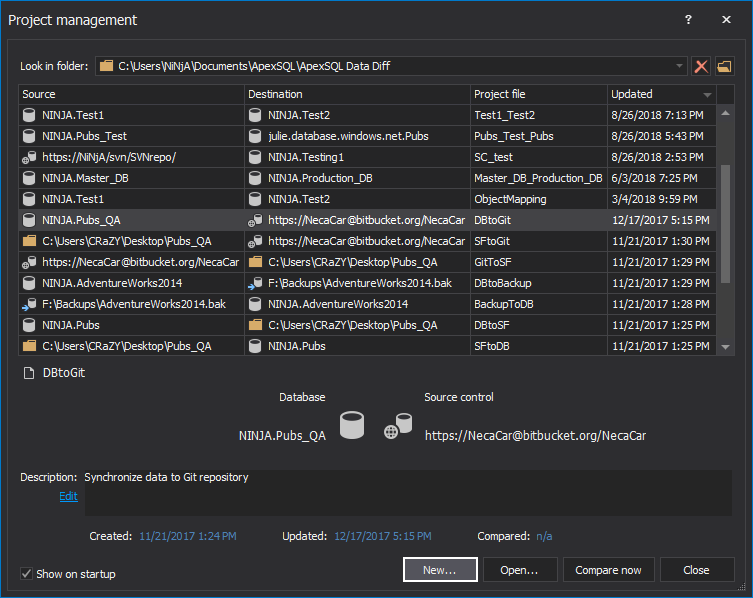 The Project management window for initiating new database, SQL script folder, backup or source control comparison and synchronization, or running existing ones 