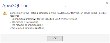 Message showing that connection to the database has failed