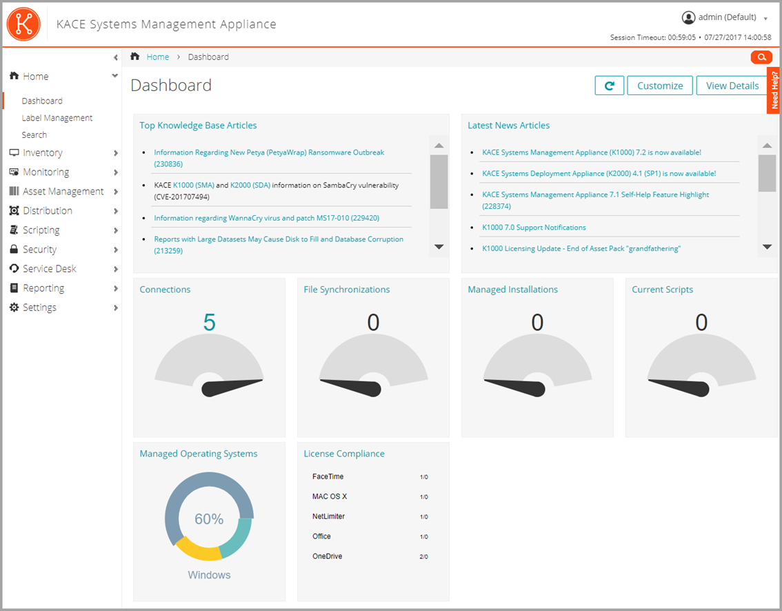 This image of the Dashboard displays Connections and Provisioning widgets, among others.