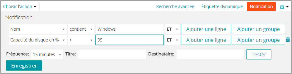 L'image du panneau Notification montre une série de menus déroulants qui permettent de définir des critères pour une planification.