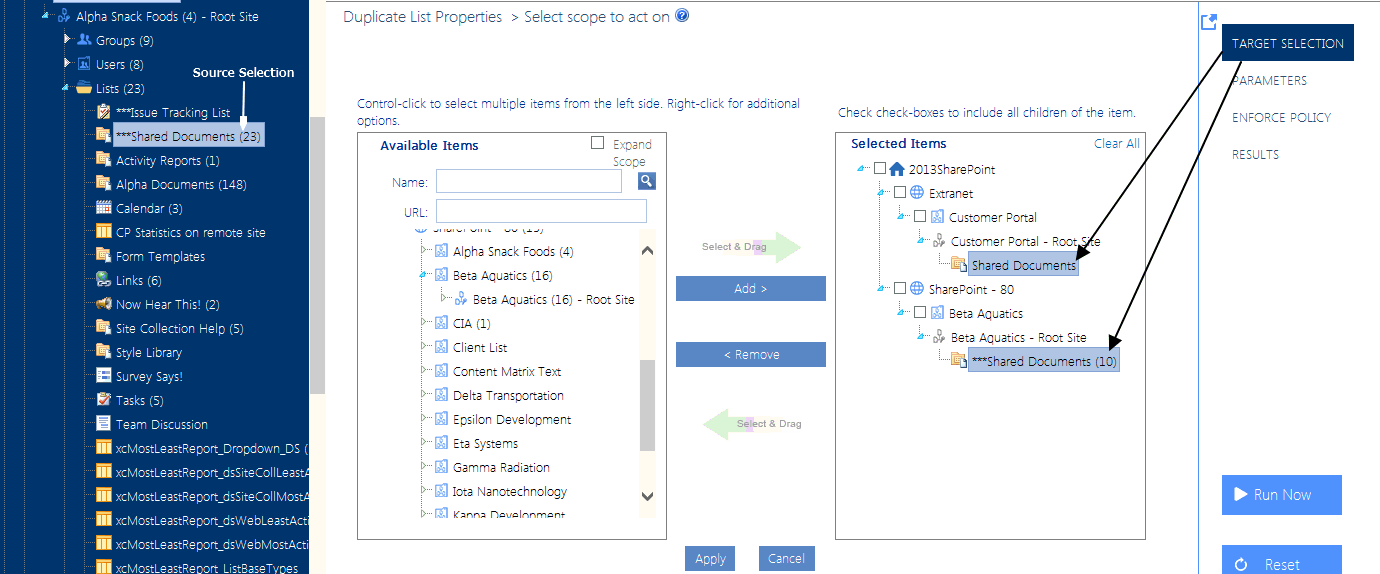 Duplicate List Properties TARGET SELECTION