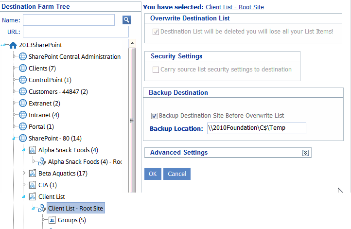 List Copy DESTINATION SETTINGS