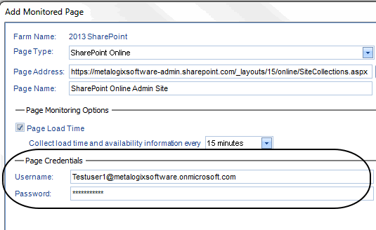 Add Monitored Page CREDENTIALS
