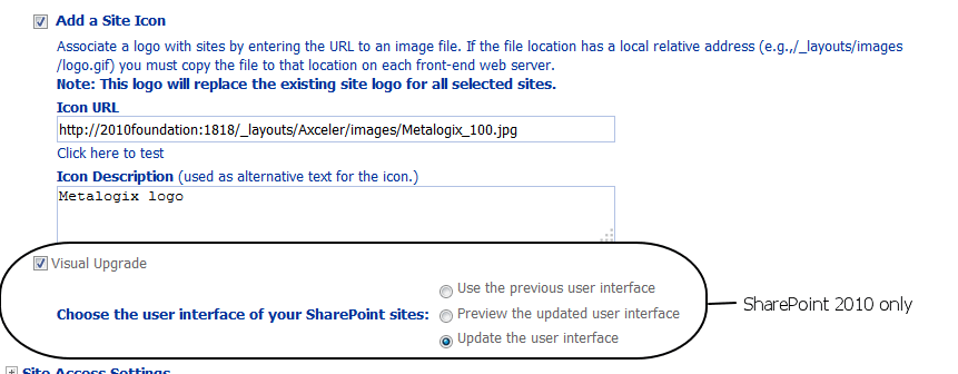 Set Site Properties ICON AND VU