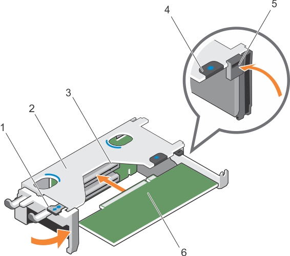 This figure shows installing an expansion card into the expansion card riser 1