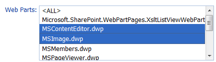 Web Parts dropdown