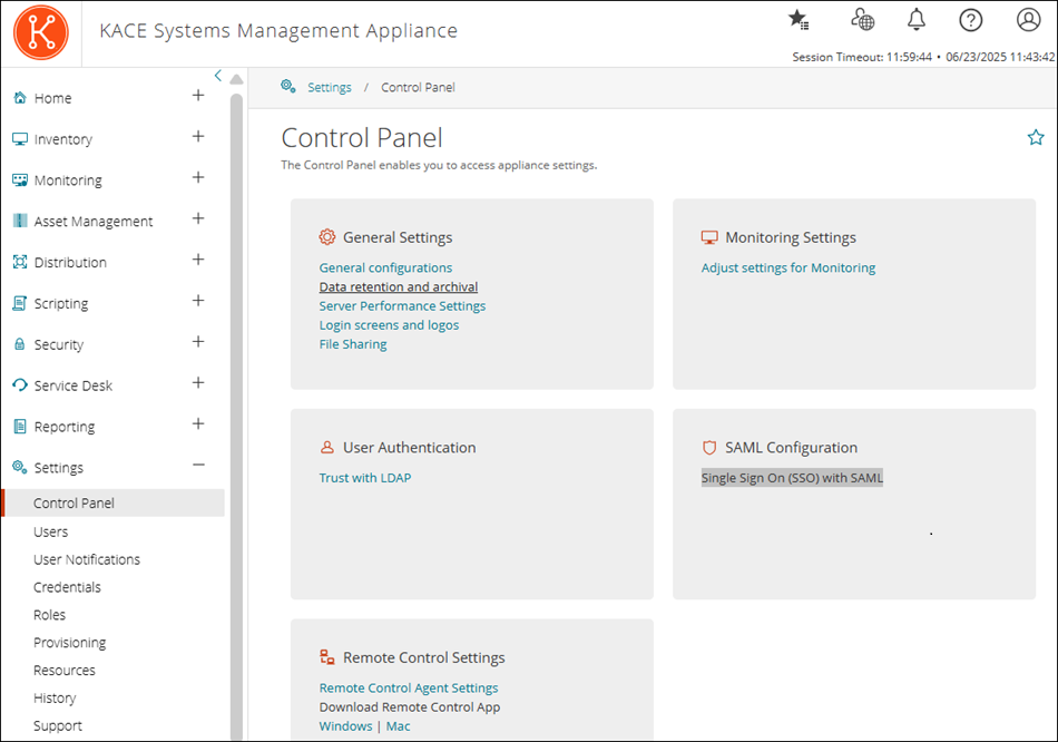 The Settings Control Panel provides access to various settings pages for communication, network, and so on.