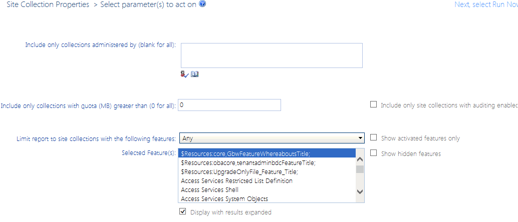 Site Collection Summary PARAMETERS