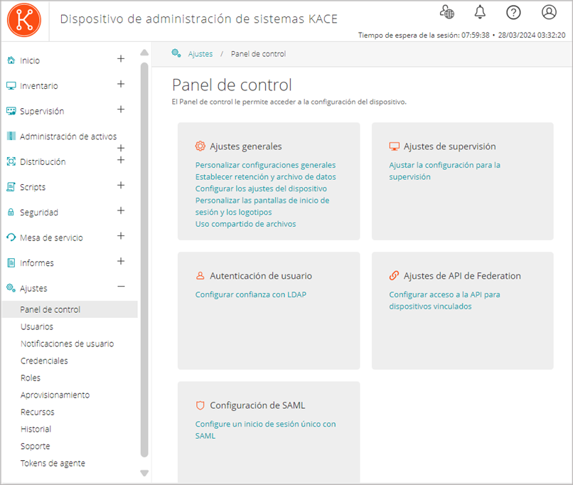 El Panel de control de configuración brinda acceso a varias páginas de configuración para comunicación y red, entre otros.