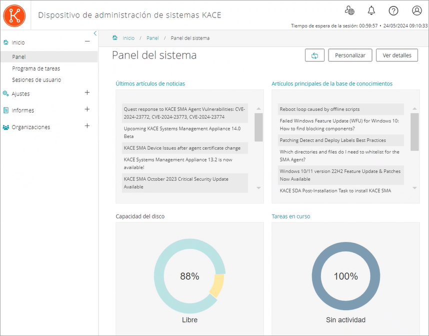 La imagen de la página Resumen del sistema muestra widgets de Capacidad del disco, Tareas en curso y Artículos sobre las últimas novedades.