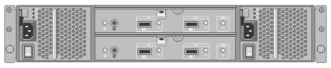 This figure shows the rear chassis of the EMM on the MD1200 enclosure, with the two SAS In and two SAS Out ports.