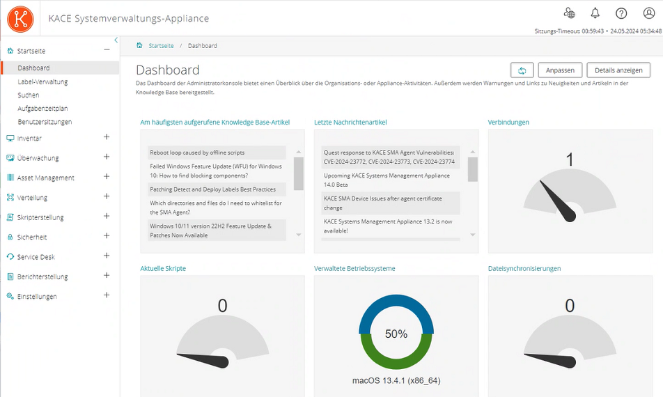 In der Abbildung des Dashboards sehen Sie die Darstellung verschiedener Widgets, u. a. Lizenz-Compliance und Provisionierung.""""