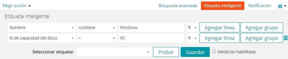 La imagen muestra el panel Etiqueta inteligente con los criterios de búsqueda ingresados.