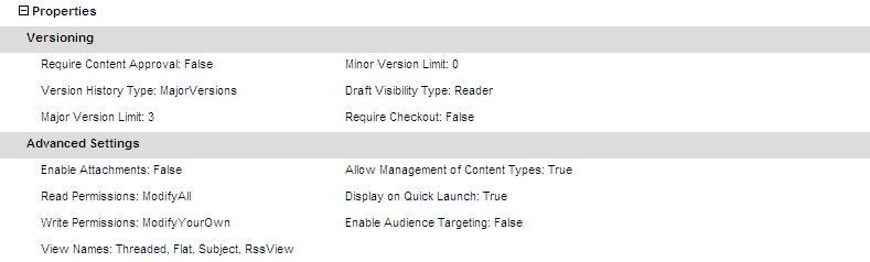 List Summary PROPERTIES