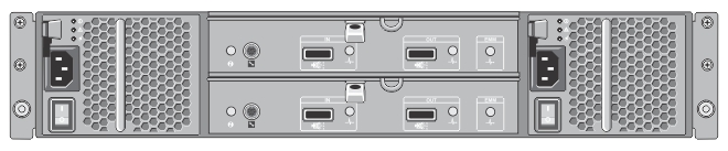 This figure shows the rear chassis of the EMM on the MD1200
    enclosure, with the two SAS In and two SAS Out ports.
    