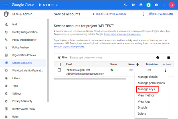 Google Cloud Manage Keys