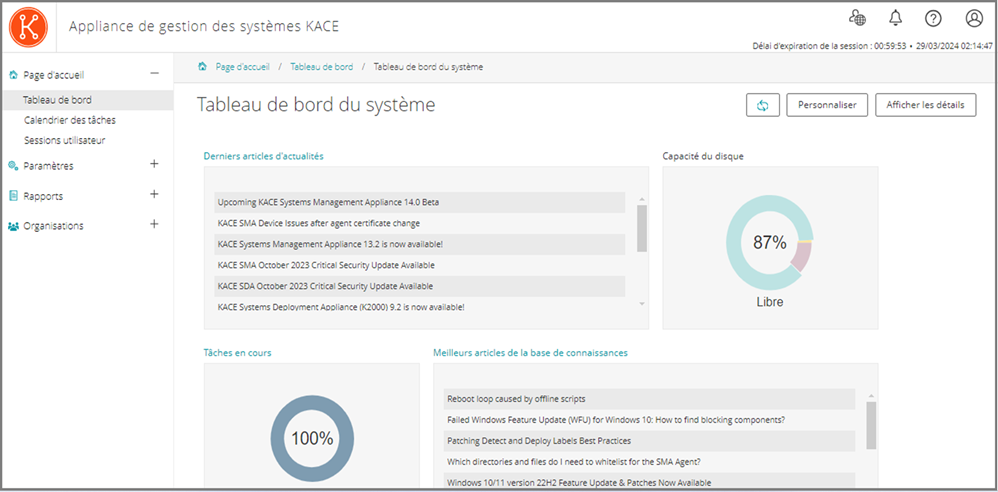 Limage de la page Tableau de bord du système montre les widgets Capacité du disque, Tâches en cours et Derniers articles dactualités.''