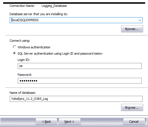Database Server Login screen