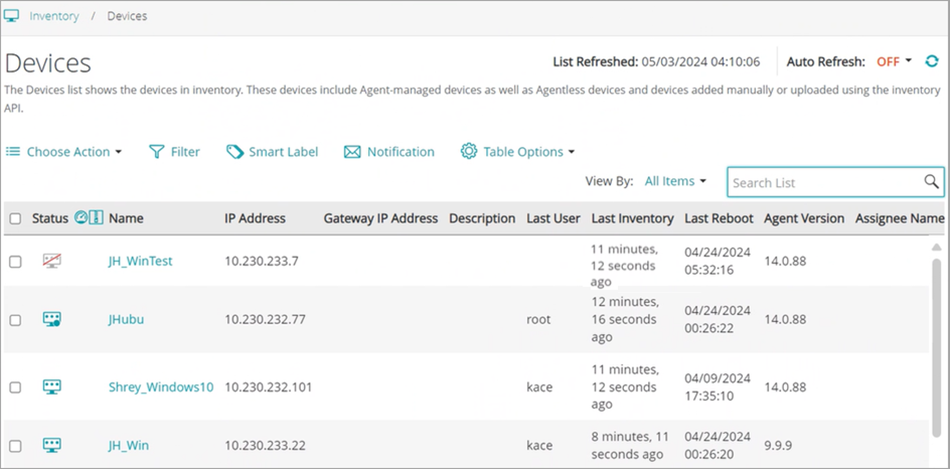 This example of a list page displays the Devices list page, which shows status, IP addresses, and other device information.
