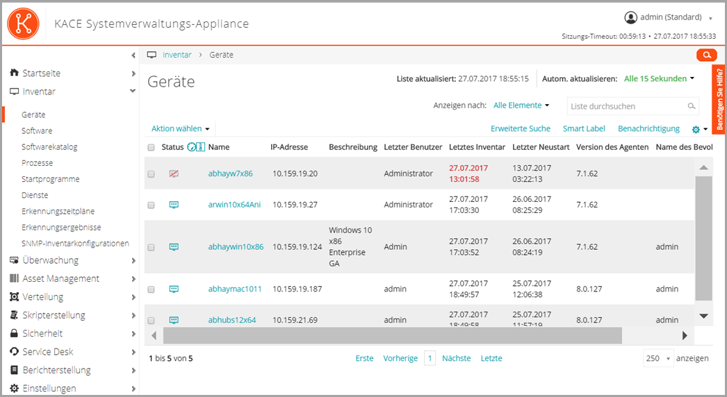 In diesem Beispiel einer Listenseite sehen Sie die Gerätelistenseite, auf der Status, IP-Adressen und andere Geräteinformationen angezeigt werden.