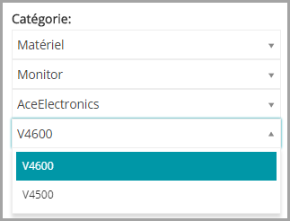 Sur l'image, les catégories sont Matériel, Moniteur, AceElectronics et V5000.