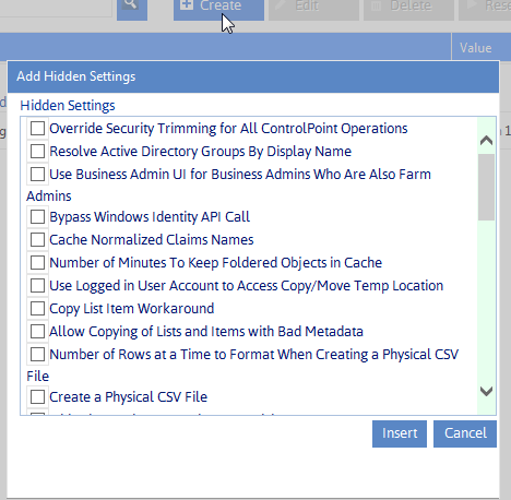 Config Settings CREATE SETTING