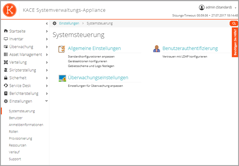 In dieser Abbildung des Dashboards sehen Sie u. a. die Widgets „Verbindungen“ und „Provisionierung“.