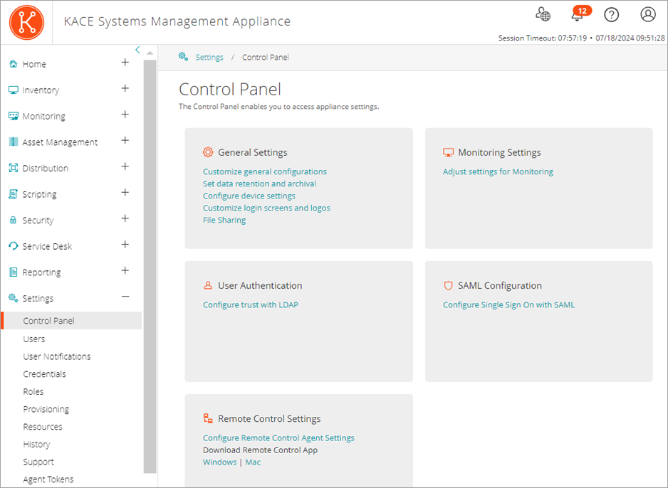 The Settings Control Panel provides access to various settings pages for communication, network, and so on.