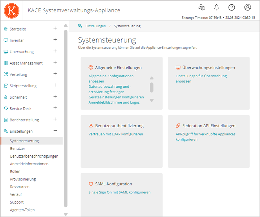 Über die Einstellungen in der Systemsteuerung haben Sie Zugriff auf verschiedene Einstellungsseiten für Kommunikation, Netzwerk usw.