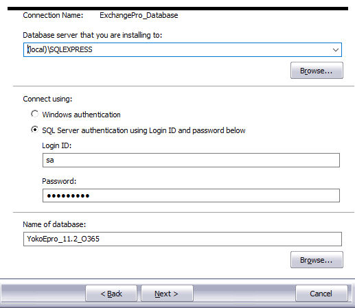 Database Server Login screen