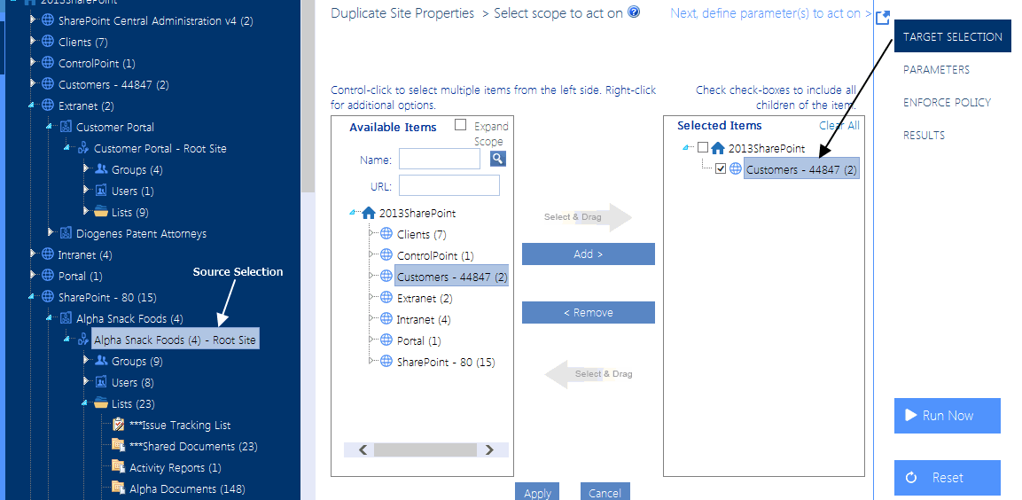 Duplicate Site  Properties TARGET SELECTION.