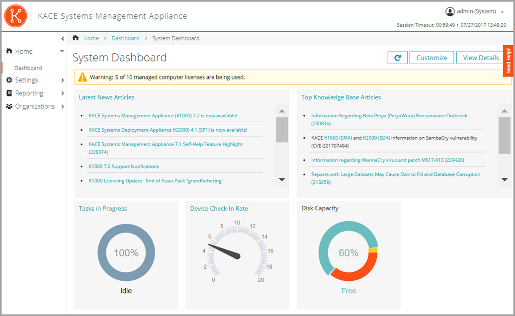 The image of the System Summary page shows widgets for Disk Capacity, Tasks in Progress, and Latest News Articles.