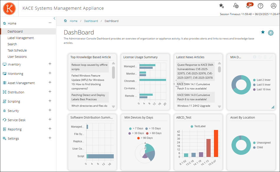 This image of the Dashboard displays Connections and Provisioning widgets, among others.