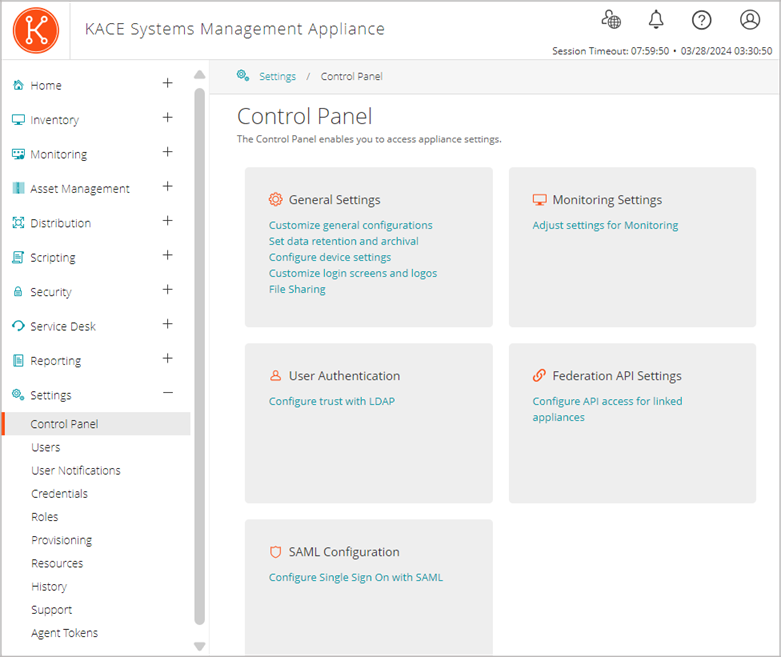 The Settings Control Panel provides access to various settings pages for communication, network, and so on.