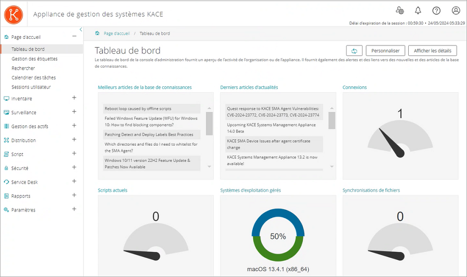 Limage du tableau de bord montre lapparence de différents widgets, tels que Conformité des licences et Provisioning.''