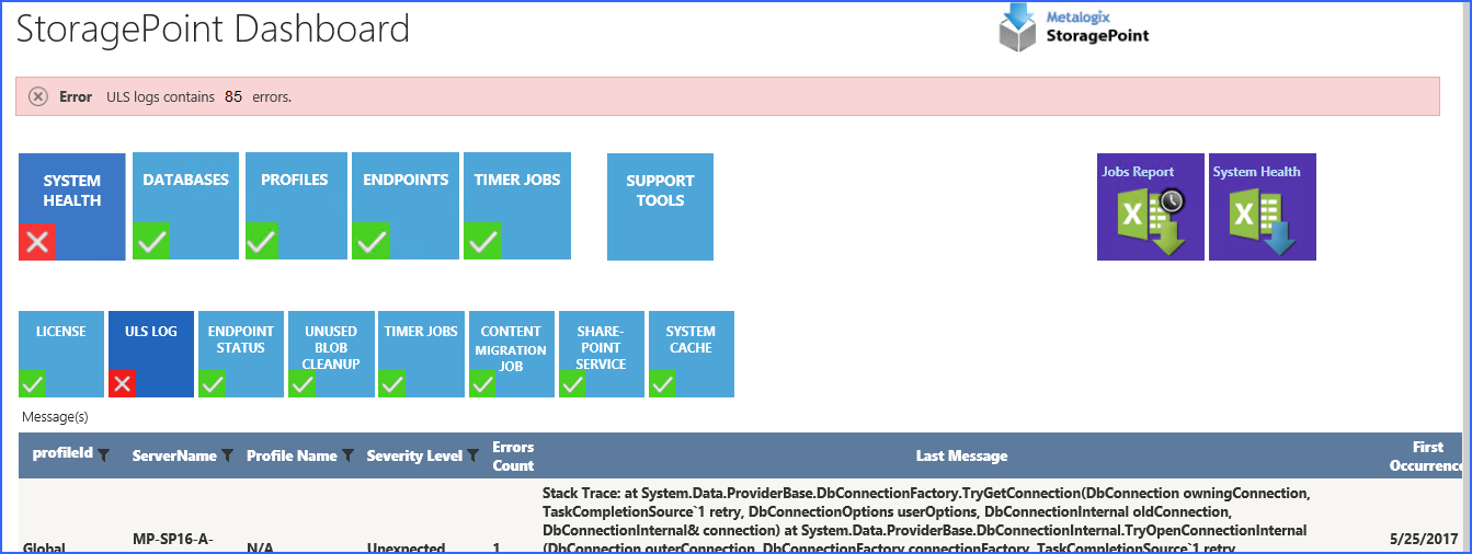 dashboard system health ULS logs