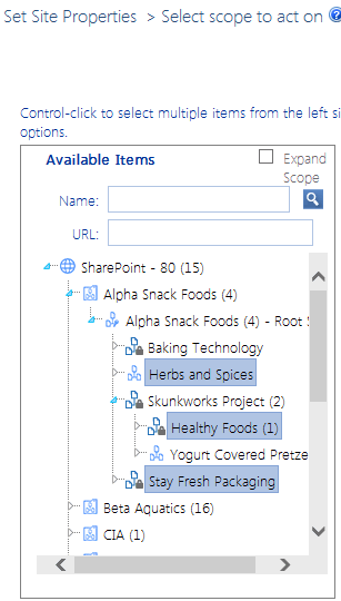 Set Site Properties selection