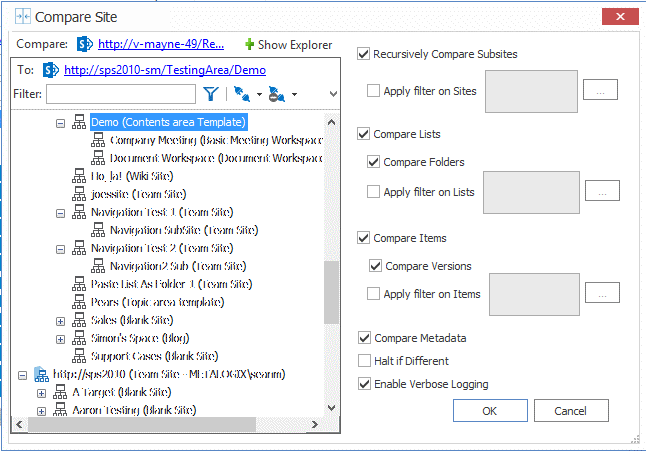 Compare Site dialog