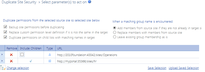 Duplicate Site Security SELECTED