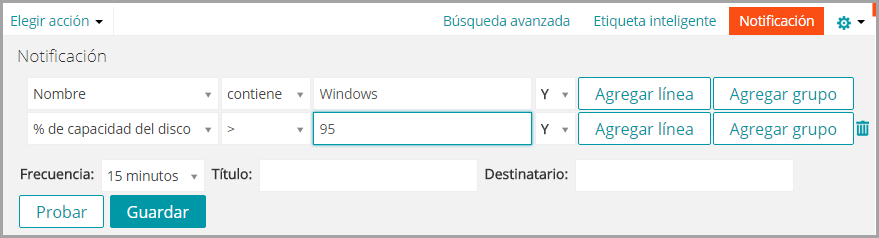 El panel Notificación incluye varias listas desplegables que puede utilizar para especificar los criterios.