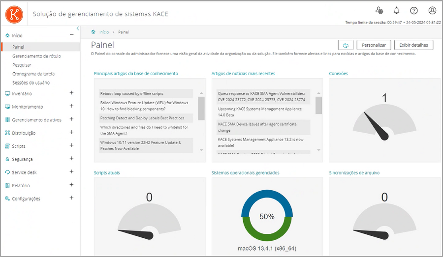 A imagem do Painel demonstra a aparência de vários widgets, como Conformidade com licenças, Provisionamento e outros.