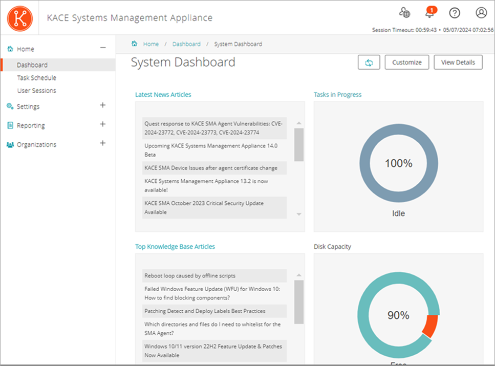 The image of the System Summary page shows widgets for Disk Capacity, Tasks in Progress, and Latest News Articles.