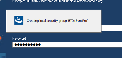 Machine generated alternative text: Example: LILIMAlNWsemame or userYnncpleNameeOomalnorg  Creating local security group 'ETDirSyncPro'  Password: 